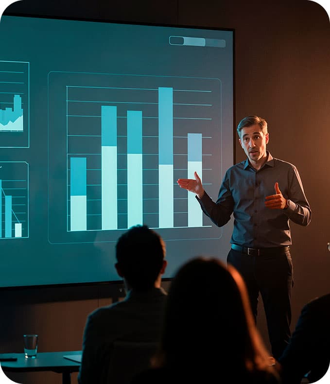 Presenter speaking in front of a large bar-chart display in a dark room